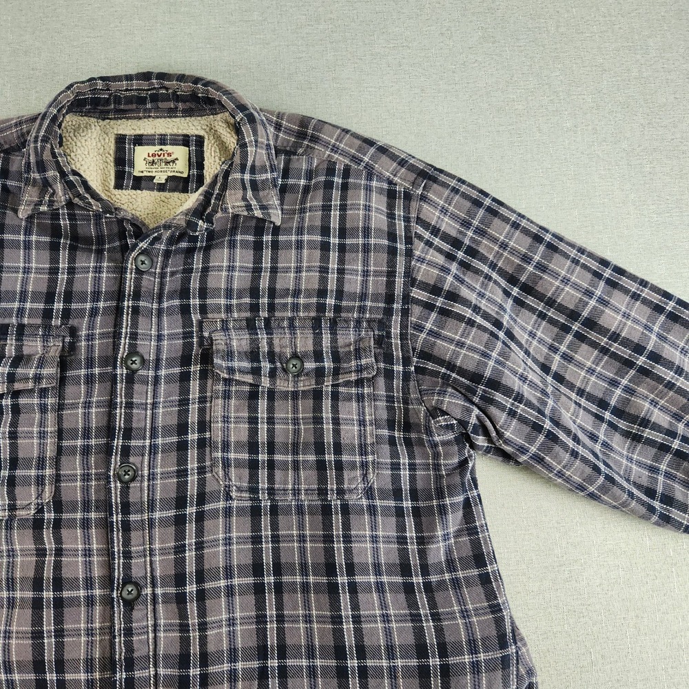 VTG Levis Distressed Gray Plaid Sherpa Jacket Flannel Grunge Workwear Thrashed